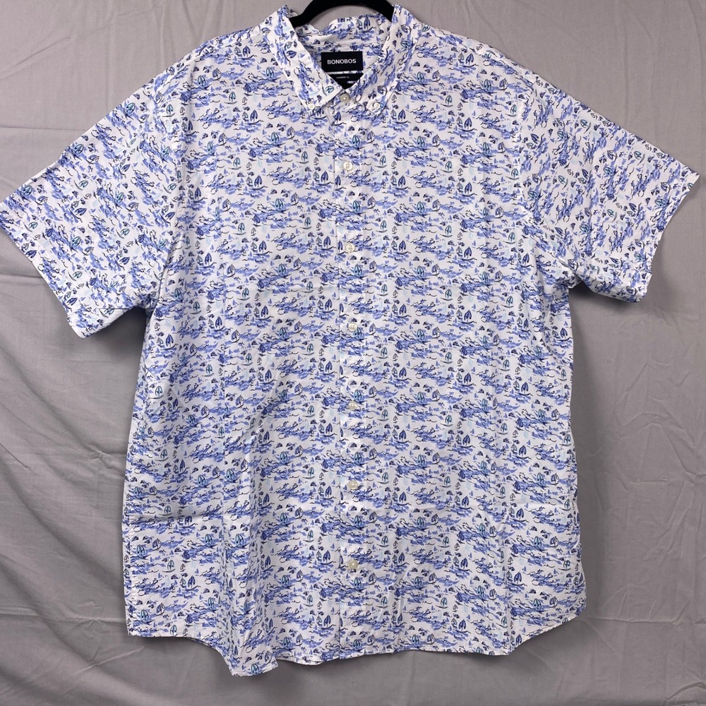 Bonobos Prominent Fit Button Down Shirt Mens 2XL Long White Blue Sailboat Cotton